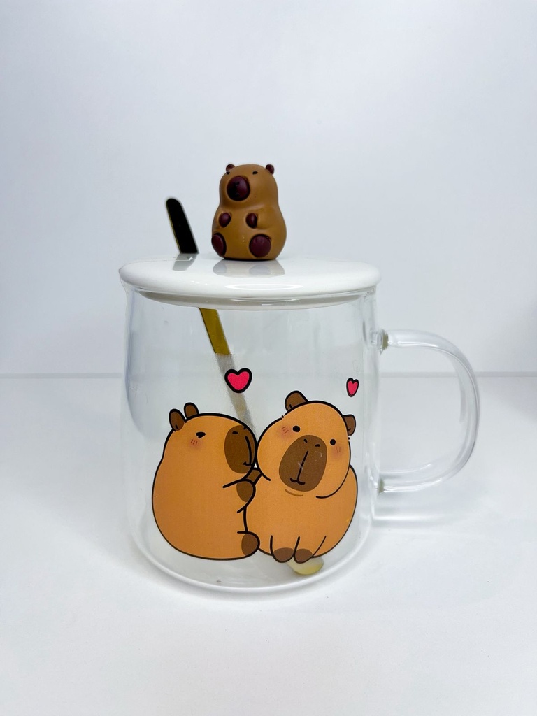 Taza de vidrio capybara con tapa y bombilla